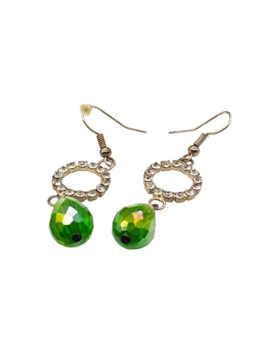 Green Teardrop Dangle Earrings, Vintage Clear Crystal Ring and Bright Faceted AB - Picture 4 of 4